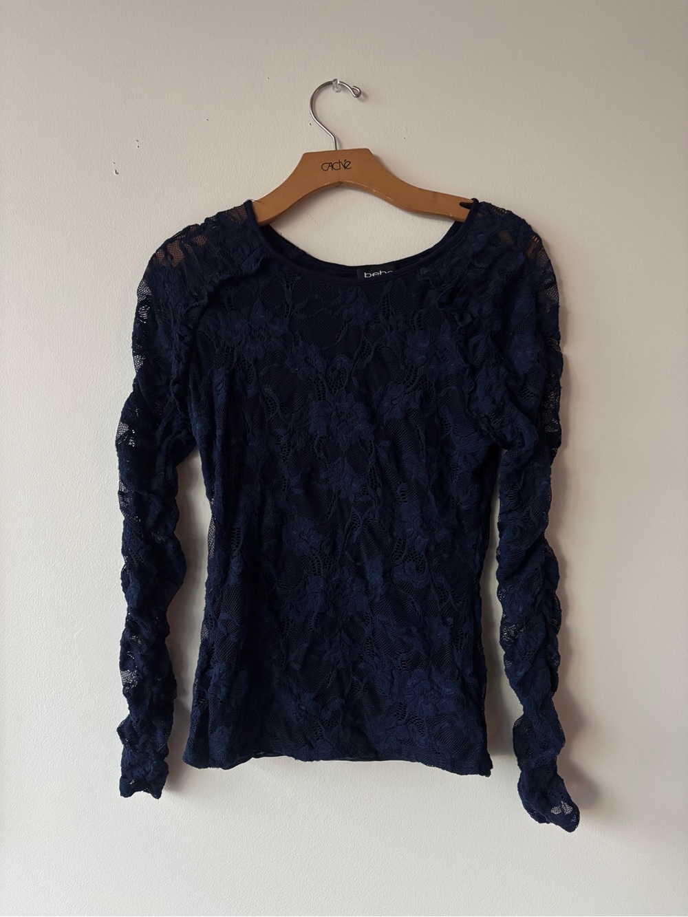 bebe Navy Floral Lace Long Sleeve Top